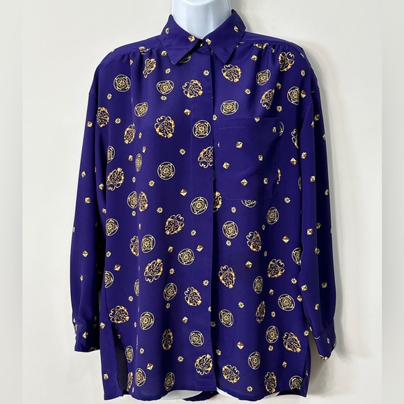 Vintage Chaus Purple & Gold Diamond and Emblem Print Button Down Blouse Size 6 - Picture 7 of 8